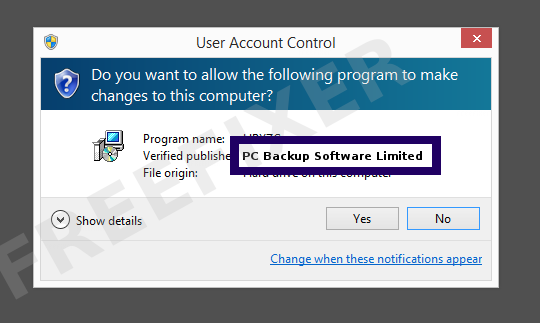 Screenshot where PC Backup Software Limited appears as the verified publisher in the UAC dialog